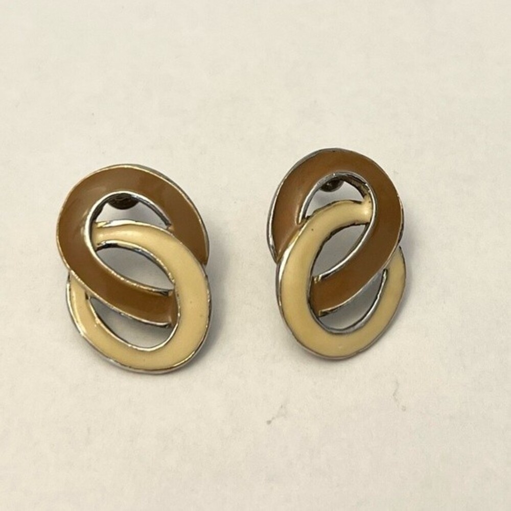 Vintage 80s Earrings Brown Cream Enamel Loop Drop Studs